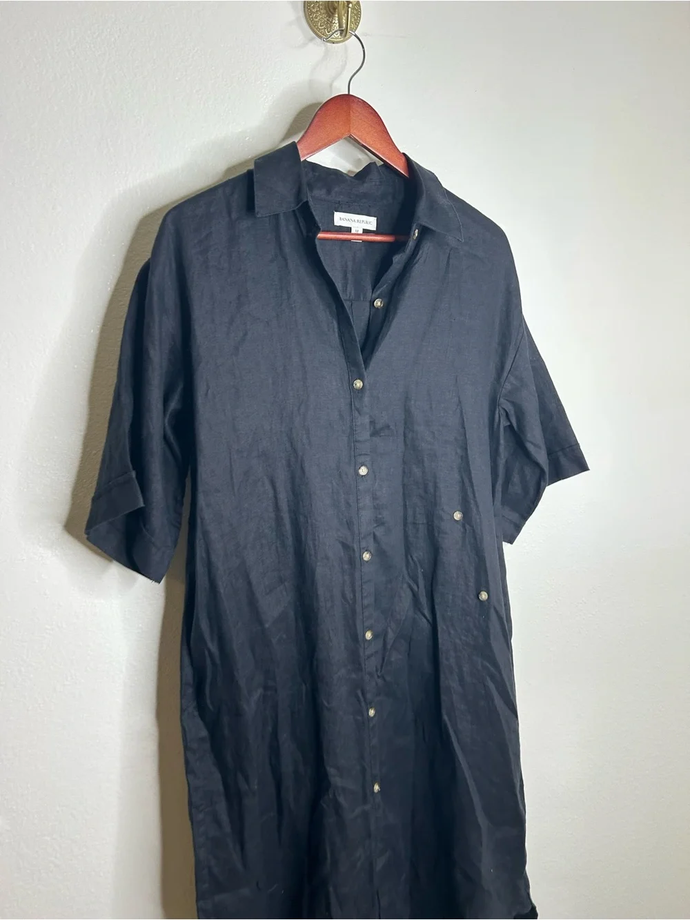 Banana Republic 100% Linen Black Asymmetrical Button Down Shirt Dress - Picture 3 of 15